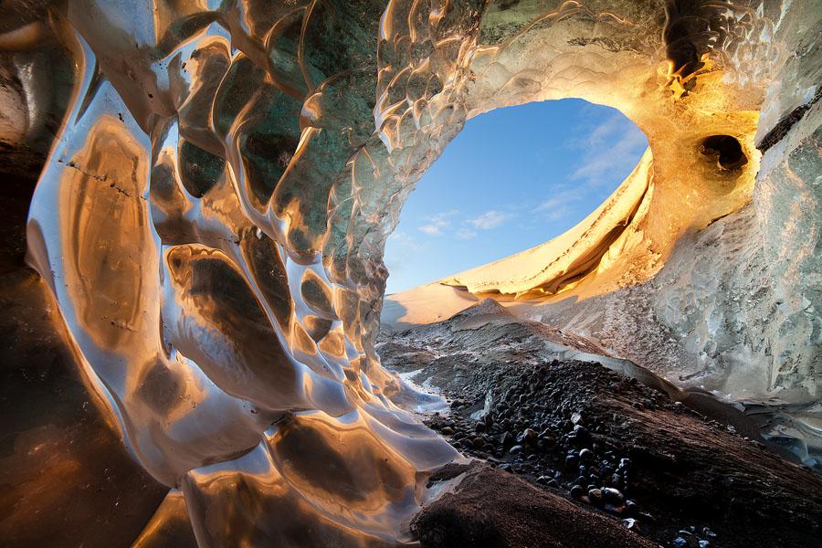 "Nautilus." Photographer Erez Marom describes this scene: "One of the most amazing sights I've seen in Iceland was the opening to this ice cave in Vatnajökull Glacier. The patterns, colors, and reflections were mind boggling, and conveyed the true sensation of being inside a natural wonder." (Erez Marom)