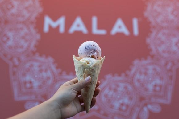 Scoops of Rose with Cinnamon-Roasted Almonds and Carrot Halwa at Malai. (Annie Wu/The Epoch Times)