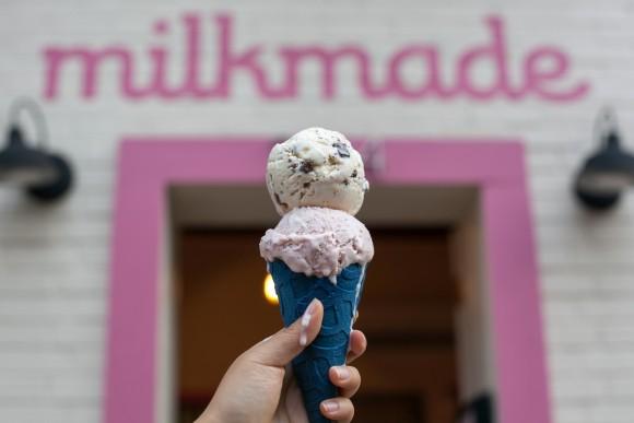Scoops of Gotham Basil Chip and Ditch Plain Strawberry at Milkmade. (Annie Wu/The Epoch Times)