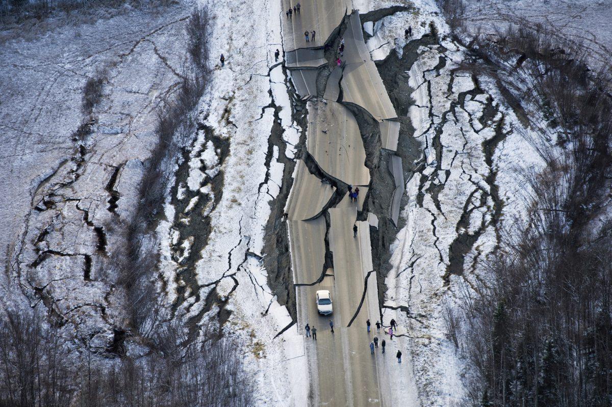 This aerial photo shows damage on Vine Road, south of Wasilla, Alaska, after earthquakes hit on Nov. 30, 2018. (Marc Lester/Anchorage Daily News/AP)