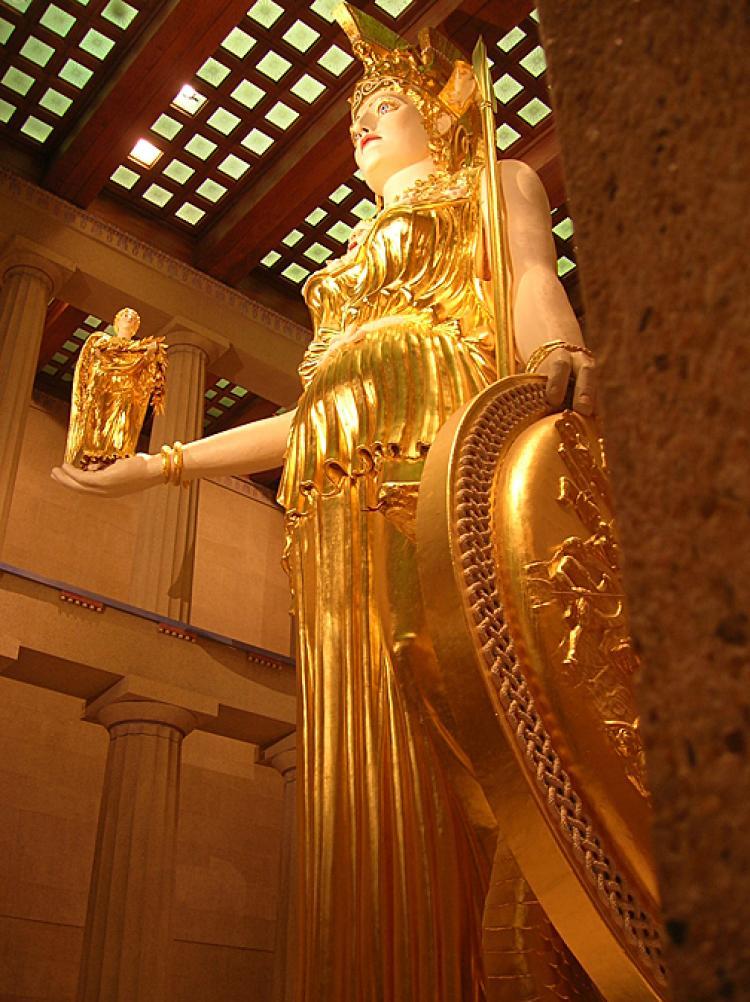 A reconstruction of the chryselephantine statue of Athena Parthenos from the Parthenon, stands on display in the Parthenon replica at Nashville, Tennessee. (Paul Lithgow)