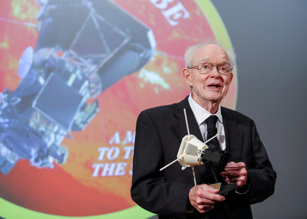 Dr. Eugene Parker, University of Chicago astrophysicist, smiles after receiving a first scale model of Parker Solar Probe during the NASA announcement on its first mission to fly directly into the sun's atmosphere at the University of Chicago in Chicago, Illinois, U.S. May 31, 2017. REUTERS/Kamil Krzaczynski