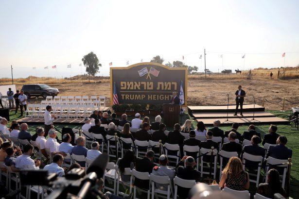 Israeli Prime Minister Benjamin Netanyahu speaks during a ceremony to unveil a sign for a new community named after U.S. President Donald Trump, on Golan Heights June 16, 2019. (Ammar Awad/Reuters)