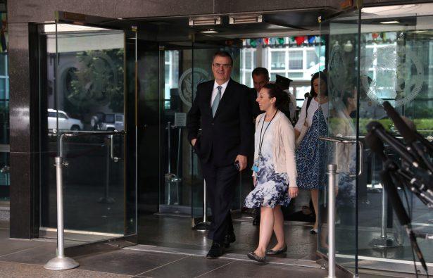 Mexico's Foreign Minister Marcelo Ebrard exits the U.S. State Department to speak to reporters after a meeting between U.S. and Mexican officials on immigration and trade in Washington, on June 6, 2019. (Leah Millis/Reuters)