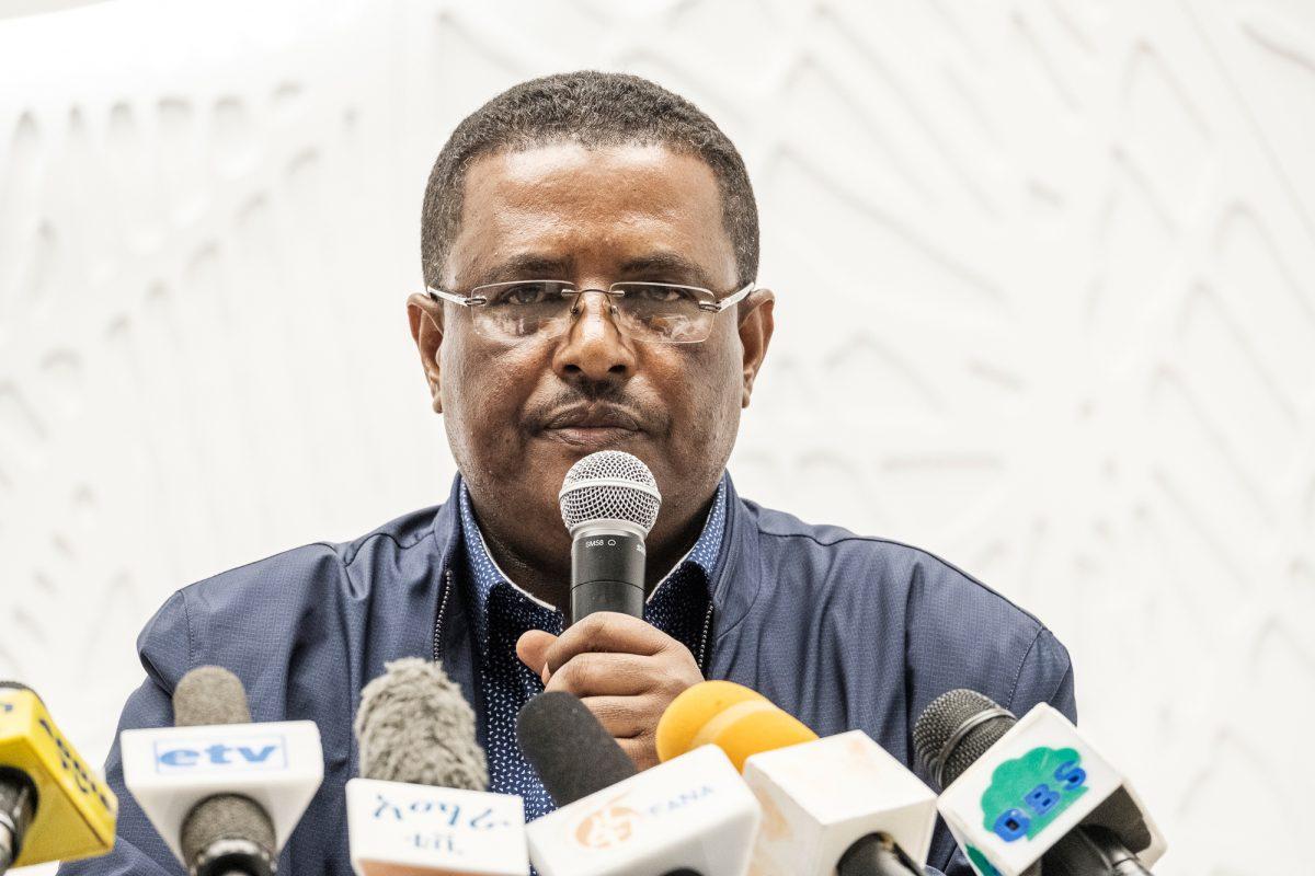 Spokesperson of the Primer Minister of Ethiopia Negussu Tilaaun speaks during a joint press conference with Ethiopia's Press Secretary, in Addis Ababa, on June 23, 2019. (Eduardo Soteras/AFP/Getty Images)
