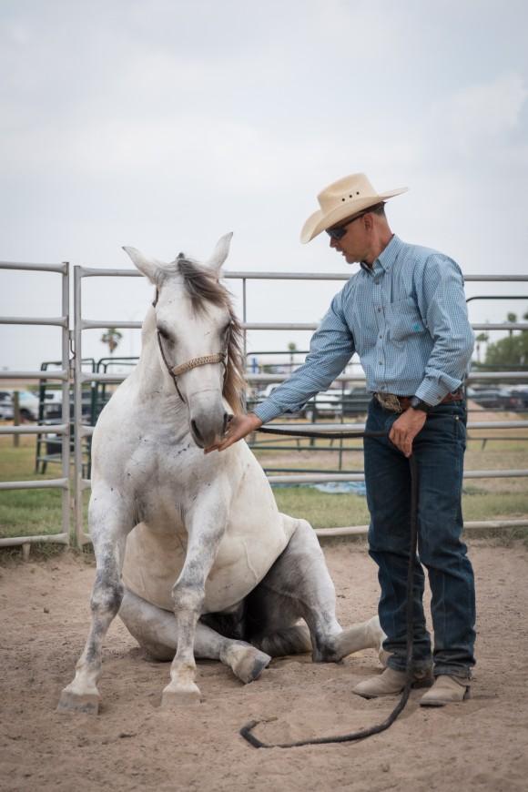 Ruben Garcia, horse patrol coordinator for the Rio Grande Valley Border Patrol Sector, with his mustang called Muñeco in Edinburg, Texas, on May 26, 2017. (Benjamin Chasteen/The Epoch Times)