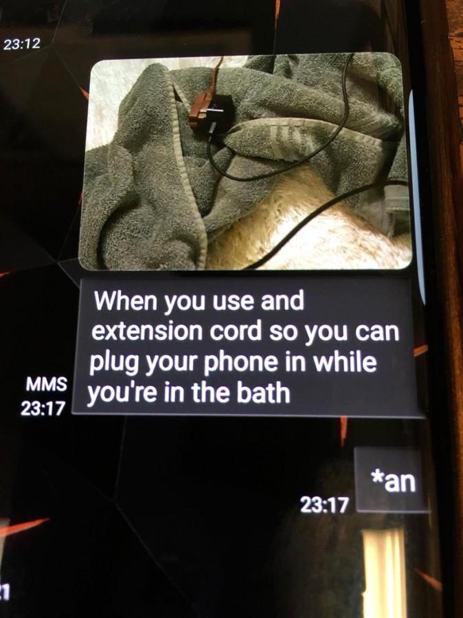 Police released the last text Coe sent, likely to a friend, showing a picture of her cell phone's charger plugged into an extension cord outside the bathtub. (LOVINGTON POLICE DEPARTMENT)