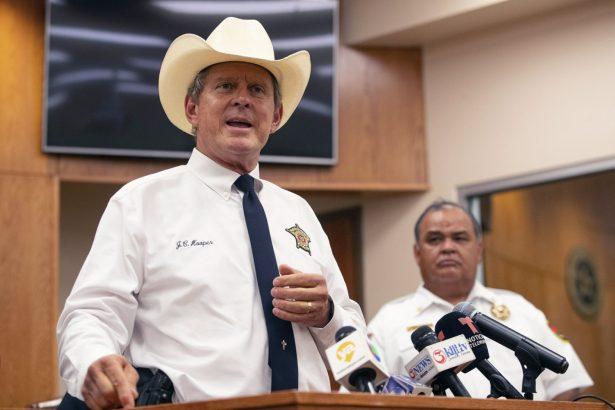 Nueces County Sheriff J.C. Hooper speaks at Robstown City Hall during a press conference following a wreck on June 5, 2019. (Courtney Sacco/Corpus Christi Caller-Times via AP)