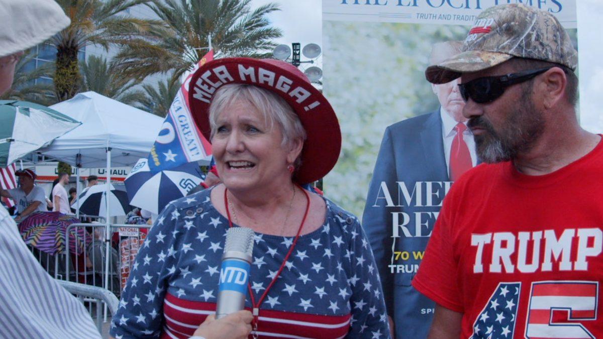 Georgia Williams, a retired flight attendant; and Jeff Thompson, an artist; both from Orlando. They told NTD they are happy to see Trump keep up the fight against socialism.