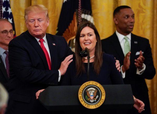 President Donald Trump speaks about White House press secretary Sarah Sanders during an event on second chance hiring in the East Room of the White House in Washington on June 13, 2019. Sanders is leaving her position at the end of the month. (AP Photo/Evan Vucci)