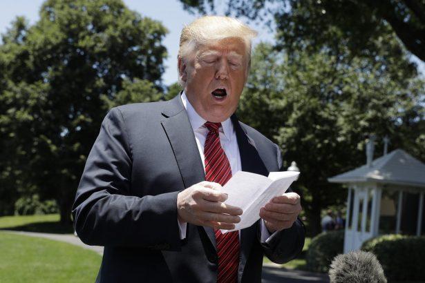 President Donald Trump speaks to reporters before departing for a trip to Iowa, on the South Lawn of White House in Washington on June 11, 2019. (AP Photo/Evan Vucci)