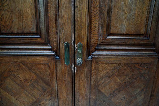 The damaged front door of Jeffrey Epstein's Upper East Side mansion in New York City on July 8, 2019. (Carlo Allegri/Reuters)
