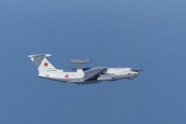 A Russian A-50 military aircraft flies near the disputed islands called Takeshima in Japan and Dokdo in South Korea on July 23, 2019. (Joint Staff Office of the Defense Ministry of Japan via Reuters)