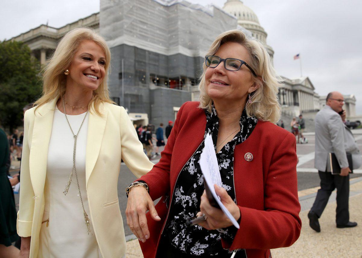 White House counselor Kellyanne Conway (L) greets House Republican Conference chair Liz Cheney (R) (R-Wyo.) prior to an event at the U.S. Capitol in Washington on May 9, 2019. (Win McNamee/Getty Images)