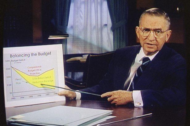 Ross Perot is shown on a screen in a paid 30-minute television commercial, during a media preview in Dallas on Oct. 16, 1992. (File Photo/AP)