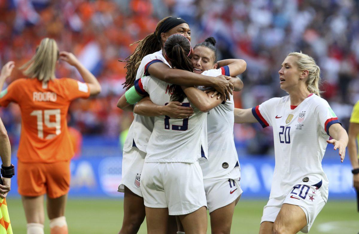 US players celebrate at the end of the Women's World Cup final soccer match between US and The Netherlands at the Stade de Lyon in Decines, outside Lyon, France, on July 7, 2019. US won 2:0. (David Vincent/AP Photo)