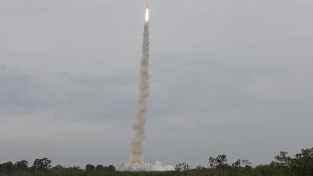 The Indian Space Research Organisation's (ISRO) Chandrayaan-2 (Moon Chariot 2), on board the Geosynchronous Satellite Launch Vehicle (GSLV-mark III-M1), launches in Sriharikota in the state of Andhra Pradesh on July 22, 2019. (Arun Sankar/AFP/Getty Images)