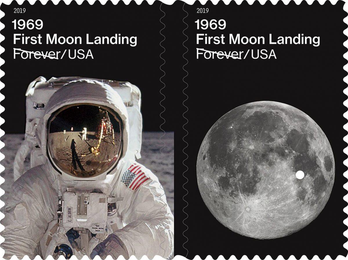 This image provided by the U.S. Postal Service on Friday, July 19, 2019 shows examples of new stamps issued on Friday, to commemorate the 50th anniversary of the first moon landing. On July 20, 1969, Apollo 11 astronauts Neil Armstrong and Buzz Aldrin became the first people to step onto the surface of the moon. (USPS via AP)