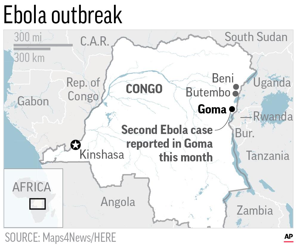 Map locates Goma, Congo, where 2nd case of Ebola case has been confirmed. (AP)
