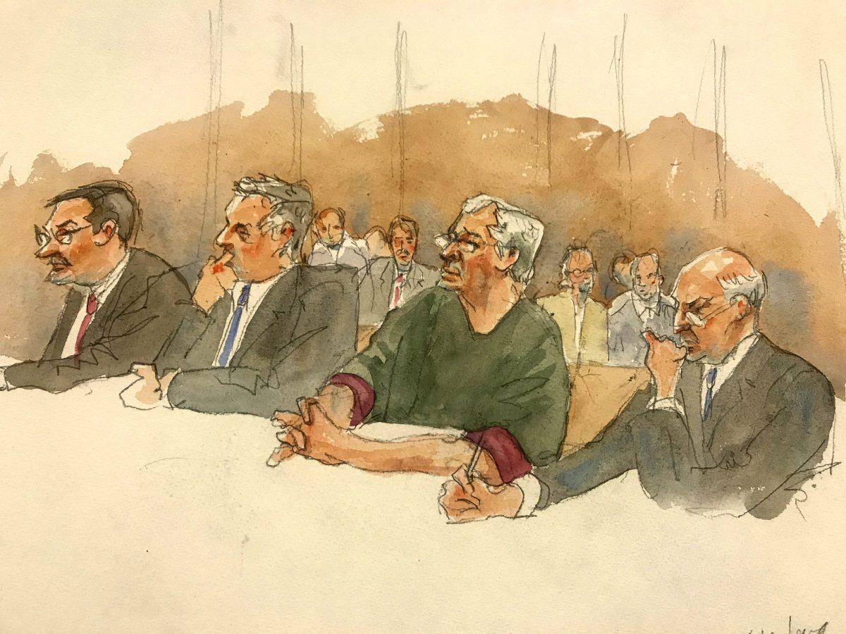 In this courtroom sketch, defendant Jeffrey Epstein, second from right, listens along with defense attorneys, from left, Marc Fernich, Michael Miller, and Martin Weinberg as Judge Richard M. Berman denies him bail during a hearing in federal court in New York City on July 18, 2019. (Aggie Kenny via AP)