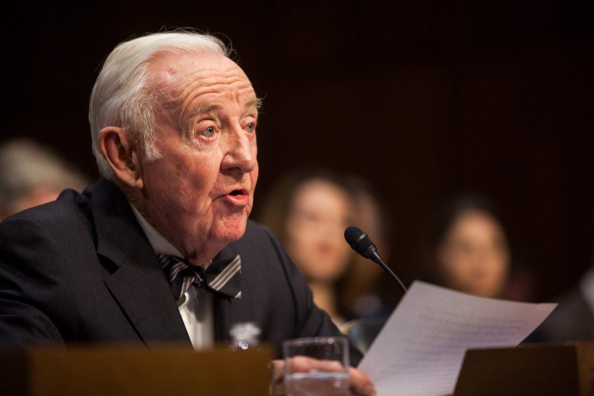 Former Supreme Court Justice John Paul Stevens testifies before the Senate Committee on Capitol Hill in Washington, DC, on April 30, 2014. (Allison Shelley/Getty Images)