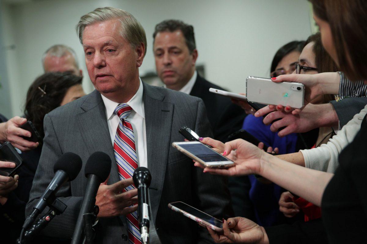 Sen. Lindsey Graham (R-SC) speaks to members of the media after a closed briefing for Senate members in Capitol Hill in Washington on May 21, 2019.