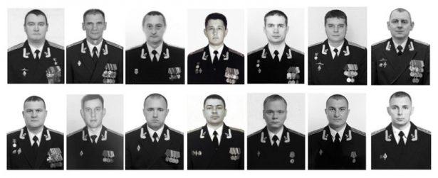 The combo of photos of the 14 crew members who died in a fire on a Russian navy's deep-sea research submersible, distributed on July 4, 2019. (Russian Defense Ministry Press Service via AP)