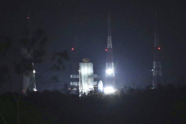 Indian Space Research Organization (ISRO)'s Geosynchronous Satellite launch Vehicle (GSLV) MkIII carrying Chandrayaan-2 stands at Satish Dhawan Space Center after the mission was aborted at Sriharikota in southern India, on July 15, 2019. (Manish Swarup/AP Photo)