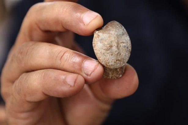 A stone figurine depicting a human face was one of the number of artworks found at the site. (Gali Tibbon/AFP/Getty Images)