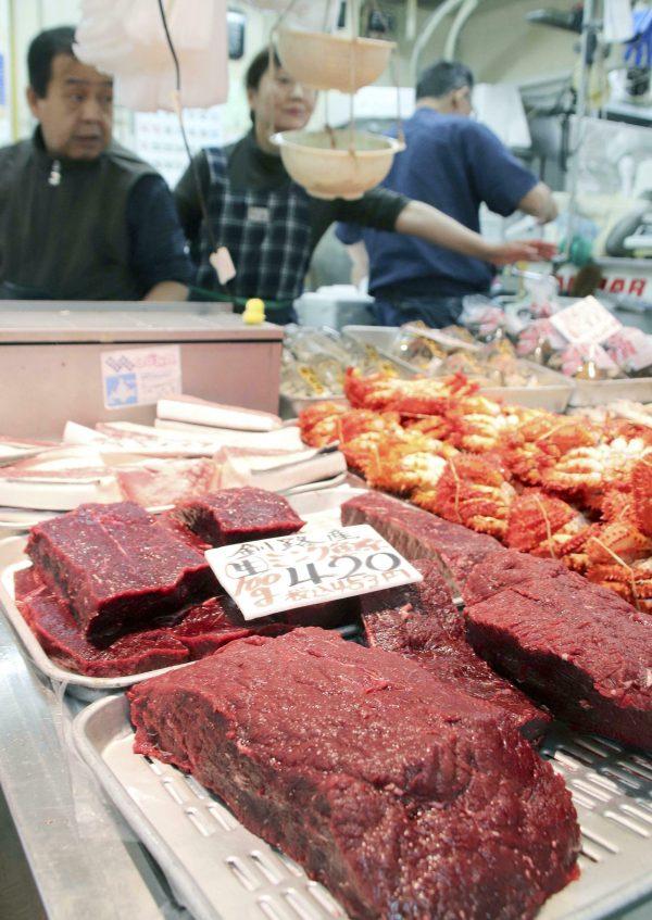 Whale meat is displayed at a fish store in Kushiro, Hokkaido, northern Japan on July 4, 2019. (Kyodo News via AP)