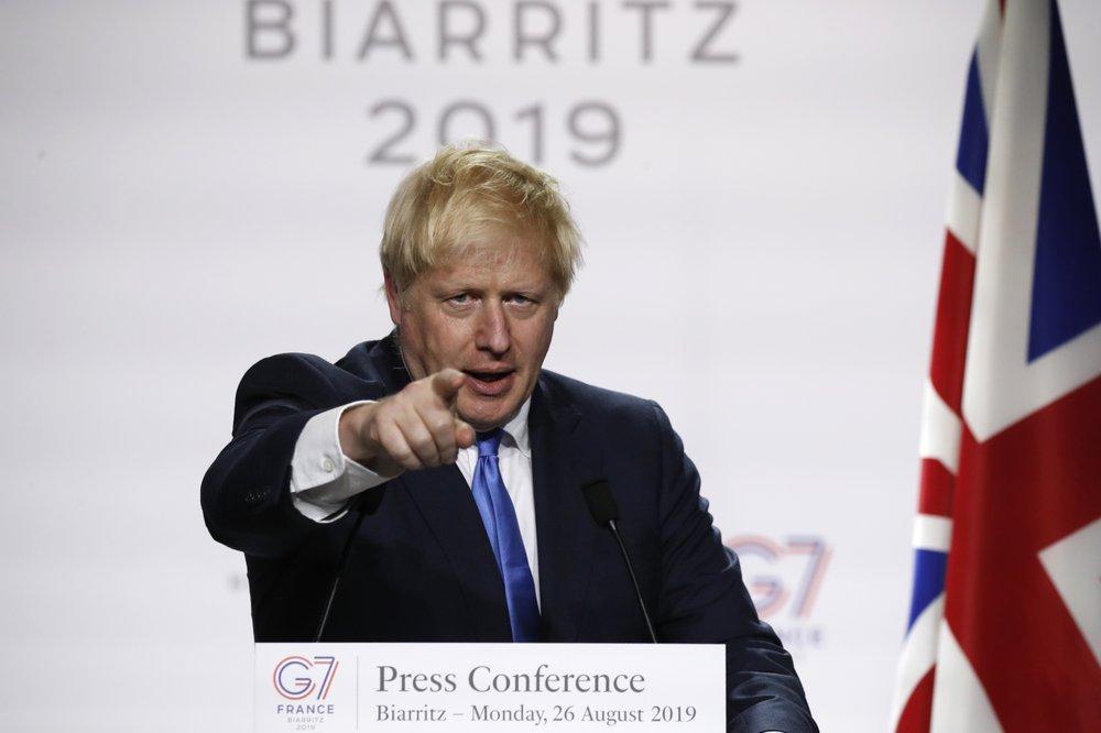 Britain's Prime Minister Boris Johnson gestures during his final press conference at the G-7 summit in Biarritz, southwestern France on Aug. 26, 2019. (Francois Mori/Photo via AP)