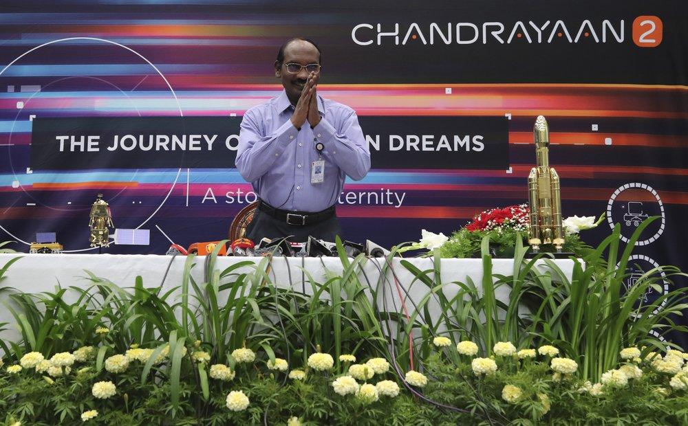 Indian Space Research Organization (ISRO) Chairman Kailasavadivoo Sivan greets journalists as he arrives for a press conference at their headquarters in Bangalore, India on Aug. 20, 2019. (AP Photo/Aijaz Rahi)