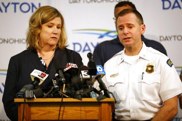 Dayton mayor Nan Whaley and police Lt. Col. Matt Carper give an update on the mass shooting during a news conference at the Dayton Convention Center in Dayton, Ohio, on Aug. 4, 2019. (Sam Greene/The Cincinnati Enquirer via AP)