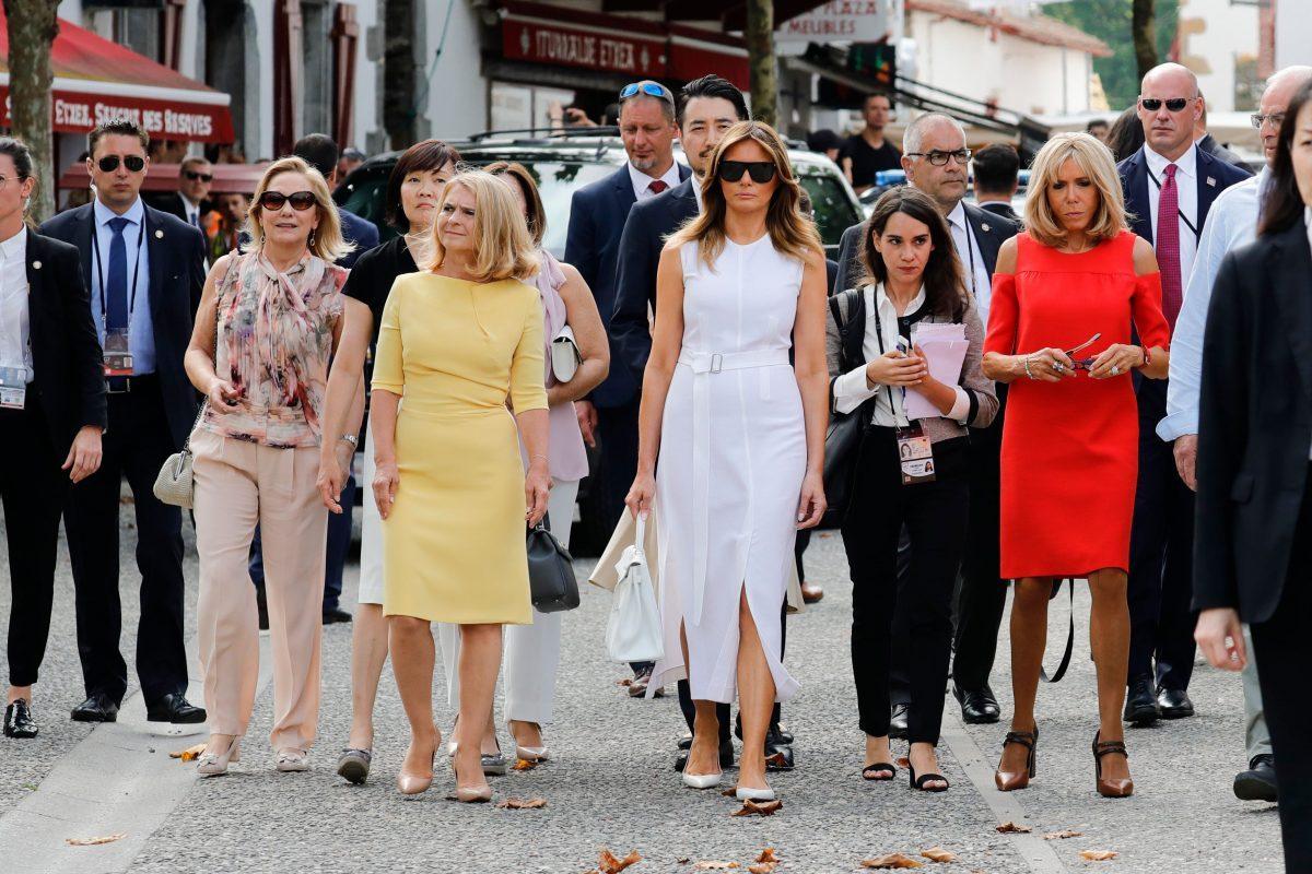 (From L) Chile's First Lady Cecilia Morel, Japan's Prime Minister's wife Akie Abe, European Council President's wife Malgorzata Tusk, US First Lady Melania Trump and Wife of French President Brigitte Macron walk as they take part in a tour on traditional Basque culture in Espelette, near Biarritz as part of the G7 summit, on Aug. 25, 2019. (Thomas Samson/AFP/Getty Images)