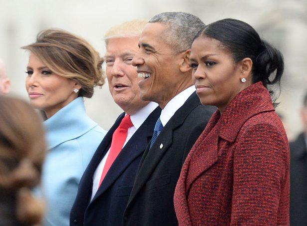 President Donald Trump, First Lady Melania Trump, former President Barack Obama, and former First Lady Michelle Obama walk together on Capitol Hill in Washington on Jan. 20, 2017. (Kevin Dietsch - Pool/Getty Images)