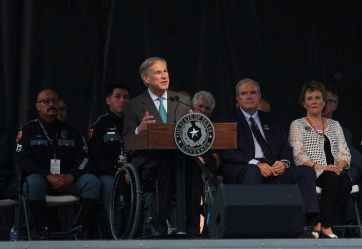 Gov. Greg Abbott speaks during a memorial service for the victims of the Aug. 3 mass shooting on Aug. 14, 2019, at Southwest University Park, in El Paso, Texas. (Jorge Salgado/AP Photo)