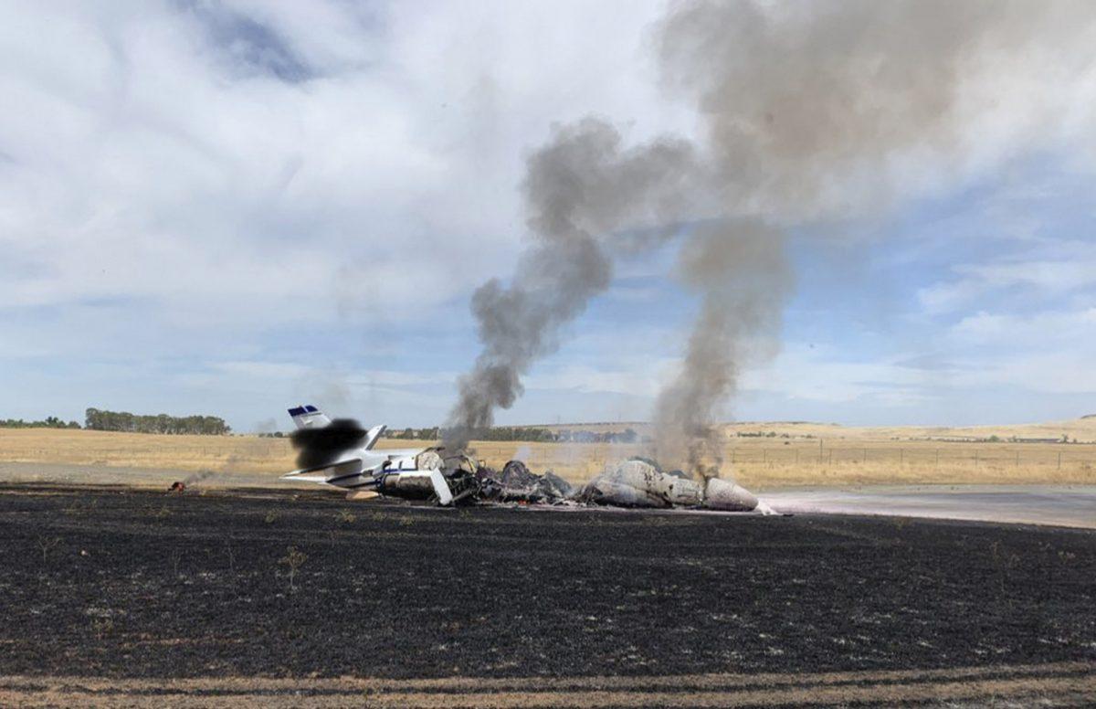 A jet burst into flames after aborting a takeoff on Aug. 21, 2019, in Oroville, Calif. (California Highway Patrol via AP)