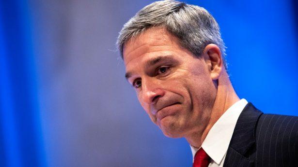 Acting Director of the U.S. Citizenship and Immigration Services (USCIS) Ken Cuccinelli pauses while speaking during a naturalization ceremony inside the National 9/11 Memorial Museum in New York City on July 2, 2019. (Drew Angerer/Getty Images)