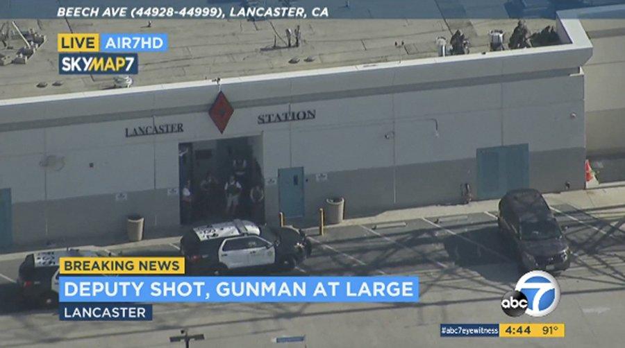This photo taken from video provided by KABC-TV shows the outside of a Los Angeles County sheriff's station in Lancaster, Calif., on Aug. 21, 2019. (KABC-TV via AP)