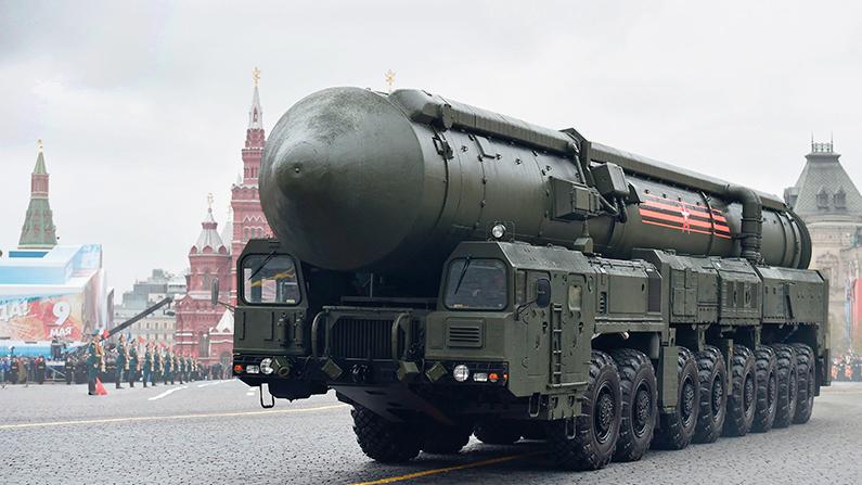 A Russian Yars RS-24 intercontinental ballistic missile system rides through Red Square during the Victory Day military parade in Moscow on May 9, 2017. (Natalia Kolesnikova/AFP/Getty Images)