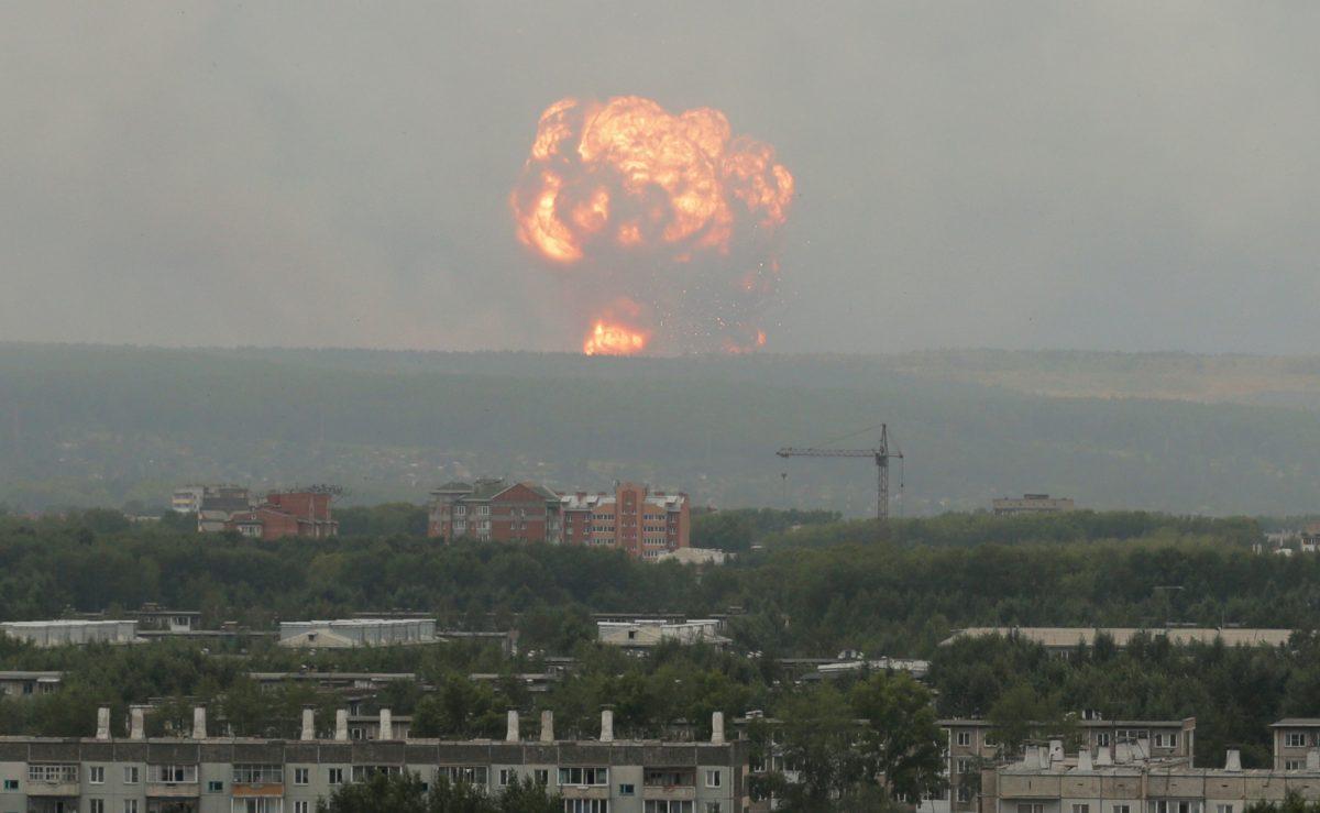 A view shows flame and smoke rising from the site of blasts at an ammunition depot near the town of Achinsk in Krasnoyarsk region, Russia August 5, 2019. (Reuters/Dmitry Dub)