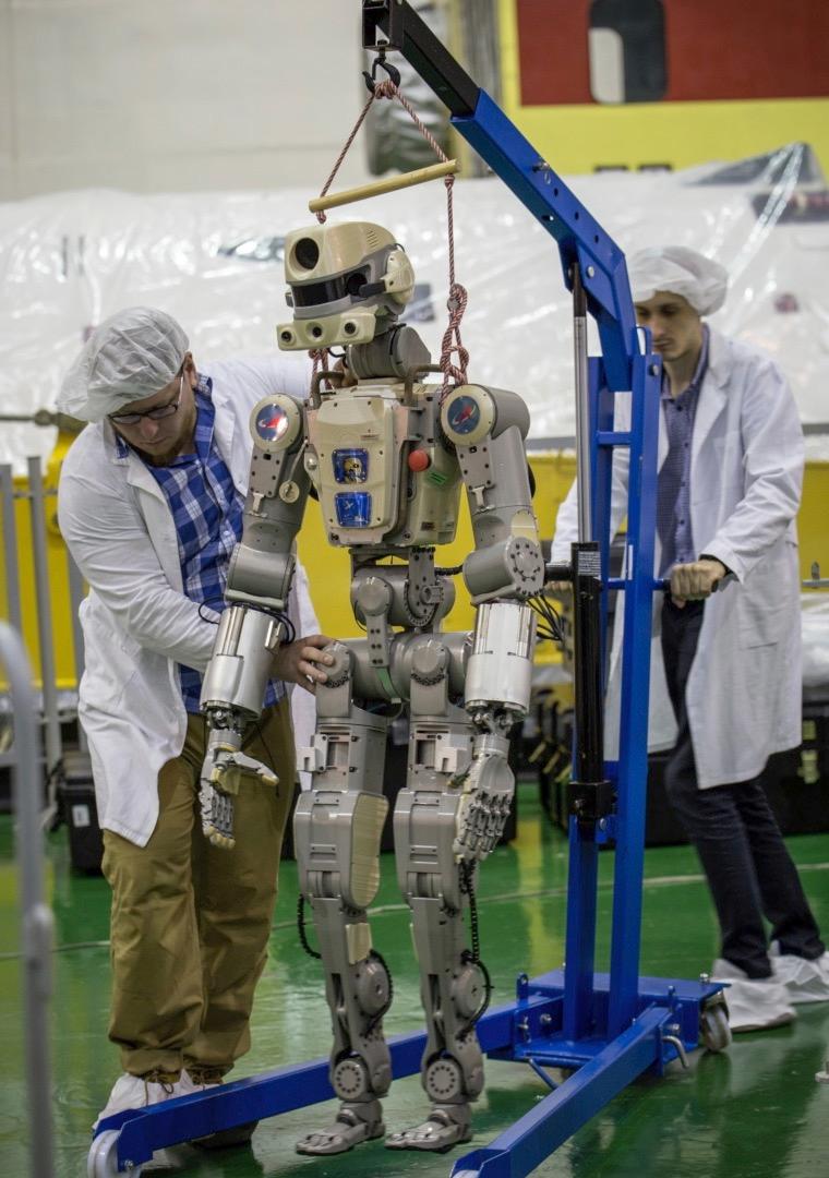 In this photo taken on July 26, 2019, and distributed by Roscosmos Space Agency Press Service, the Fedor robot is displayed before being loaded into a Soyuz capsule that was launched on Aug. 22, 2019, from the launch pad at Russia's space facility in Baikonur, Kazakhstan. (Roscosmos Space Agency Press Service photo via AP)