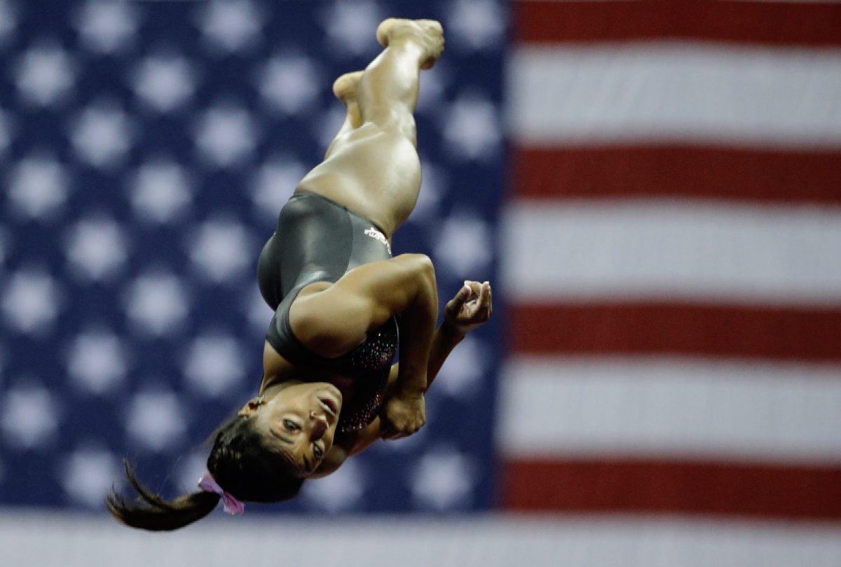 Simone Biles practices on vault for the senior women's competition at the 2019 U.S. Gymnastics Championships on Aug. 11, 2019, in Kansas City, Mo. (Charlie Riedel/AP Photo)