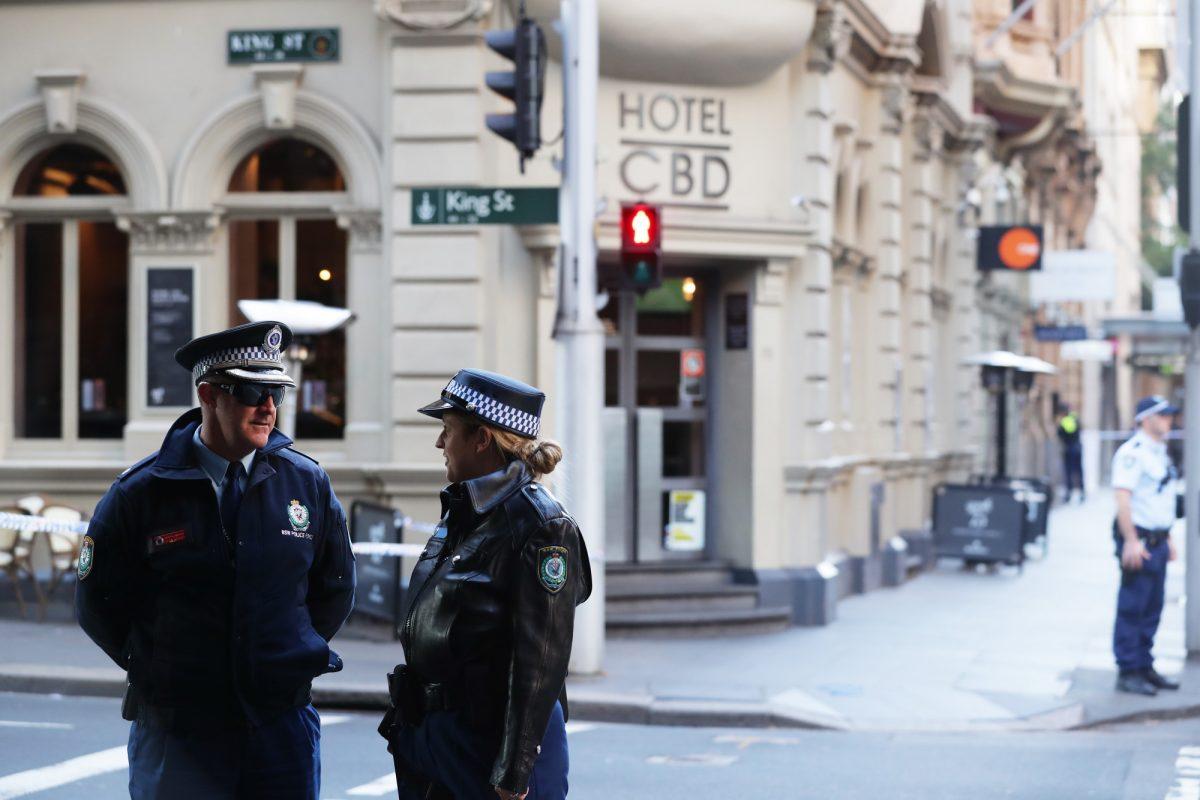 A police presence is seen outside Hotel CBD in Sydney, Australia, on Aug. 13, 2019. (Matt King/Getty Images)