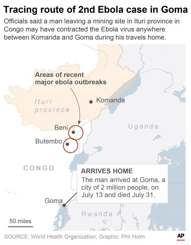 Graphic shows the last known stops of the man who contracted Ebola in Congo and traveled to the city of Goma;