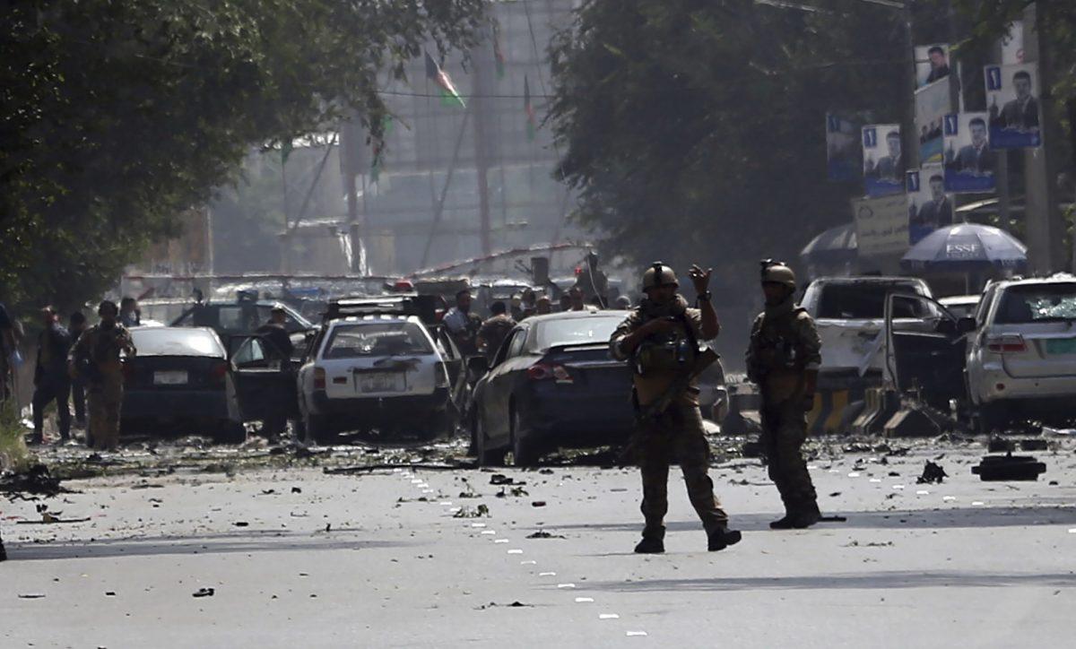 Afghan security personnel arrive at the site of car bomb explosion in Kabul, Afghanistan on Sept. 5, 2019. (Rahmat Gul/AP Photo)
