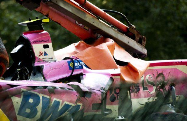 The damaged car of BWT Arden's French driver Anthoine Hubert following a serious accident involving several drivers during a Formula 2 race at the Spa-Francorchamps circuit in Spa, Belgium, on Aug. 31, 2019 . (Remko De Waal/AFP/Getty Images)