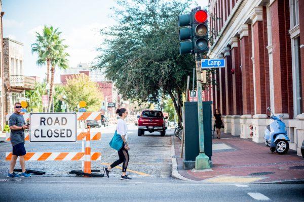 Pedestrians walk past the road closure outside the Contemporary Arts Museum, where Serena Williams got married in New Orleans on November 16, 2017. (Emily Kask/AFP/Getty Images)