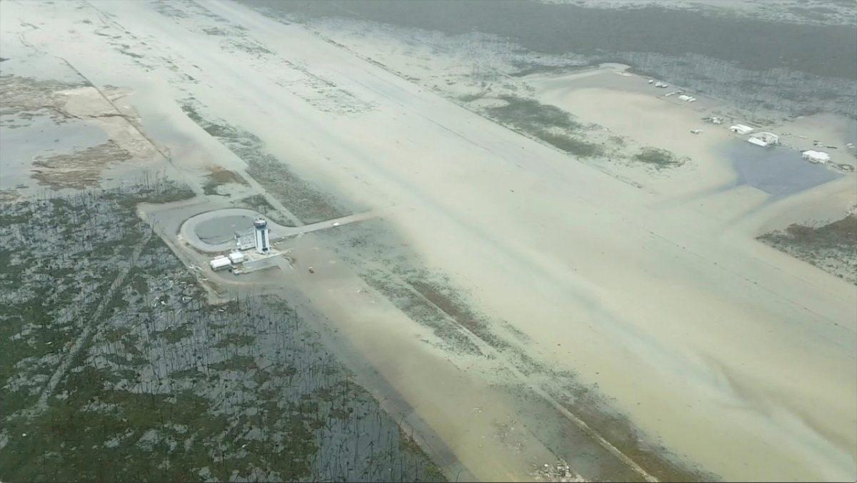 An aerial view of the Marsh Harbour Airport after hurricane Dorian hit the Abaco Islands in the Bahamas on Sept. 3, 2019, in this still image from video obtained via social media. (Terran Knowles/Our News Bahamas/via Reuters)