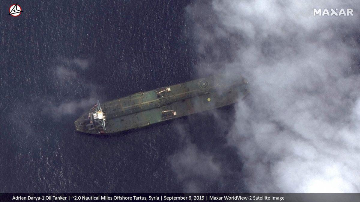 This satellite image dated Sept. 6, 2019, appears to show the Iranian oil tanker Adrian Darya-1 off the coast of Tartus, Syria, despite U.S. efforts to seize the vessel. (Satellite image Maxar Technologies via AP)